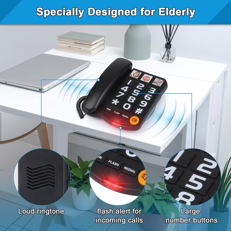 Sangyn Landline Phones for Seniors with Large Button Corded Telephone for Home with Amplified Loud Ringer Volume Adjustable One-Touch Dialing Big Button Telephones for Visually Hearing Impaired,Black - Image 5